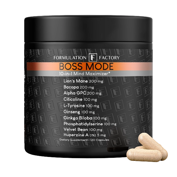 Studio front view of Formulation Factory Boss Mode 10-in-1 Mind Maximizer matte black supplement jar, featuring cognitive focus ingredients like 300mg Lion's Mane and 200mg Bacopa alongside three loose herbal capsules.