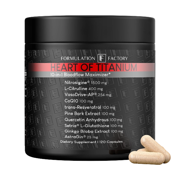 Studio front view of Formulation Factory Heart of Titanium 10-in-1 Bloodflow Maximizer matte black supplement jar, highlighting premium patented compounds like 1500mg Nitrosigine, VasoDrive-AP, and Setria L-Glutathione.