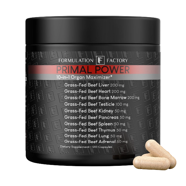 Studio front view of Formulation Factory Primal Power 10-in-1 Organ Maximizer matte black supplement jar, detailing nutrient-dense components like 200mg Grass-Fed Beef Liver, Beef Heart, and Beef Bone Marrow.