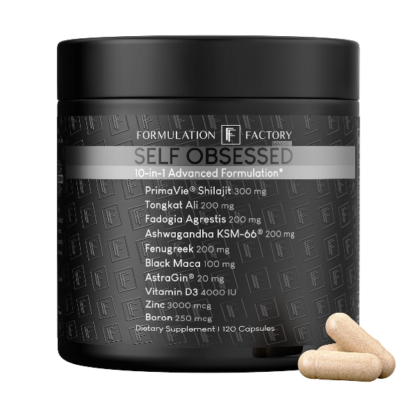 Studio front view of Formulation Factory Self Obsessed Maxxed 10-in-1 Advanced Formulation matte black supplement jar, showcasing elite performance drivers like 300mg PrimaVie Shilajit and 200mg Ashwagandha KSM-66.