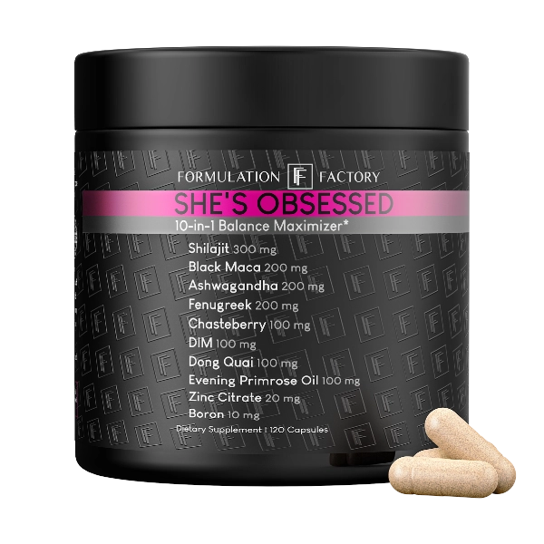 Studio front view of Formulation Factory She's Obsessed 10-in-1 Balance Maximizer matte black supplement jar, showcasing women's wellness ingredients like 300mg Shilajit, 200mg Black Maca, and Chasteberry.