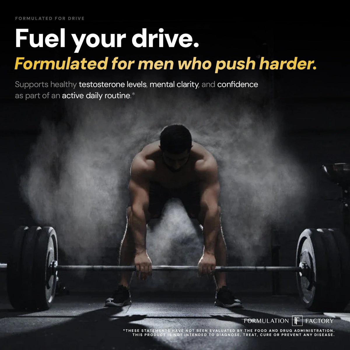 Male athlete preparing for a heavy barbell deadlift in a gym surrounded by chalk dust, featuring the slogan "Fuel your drive" by Formulation Factory.