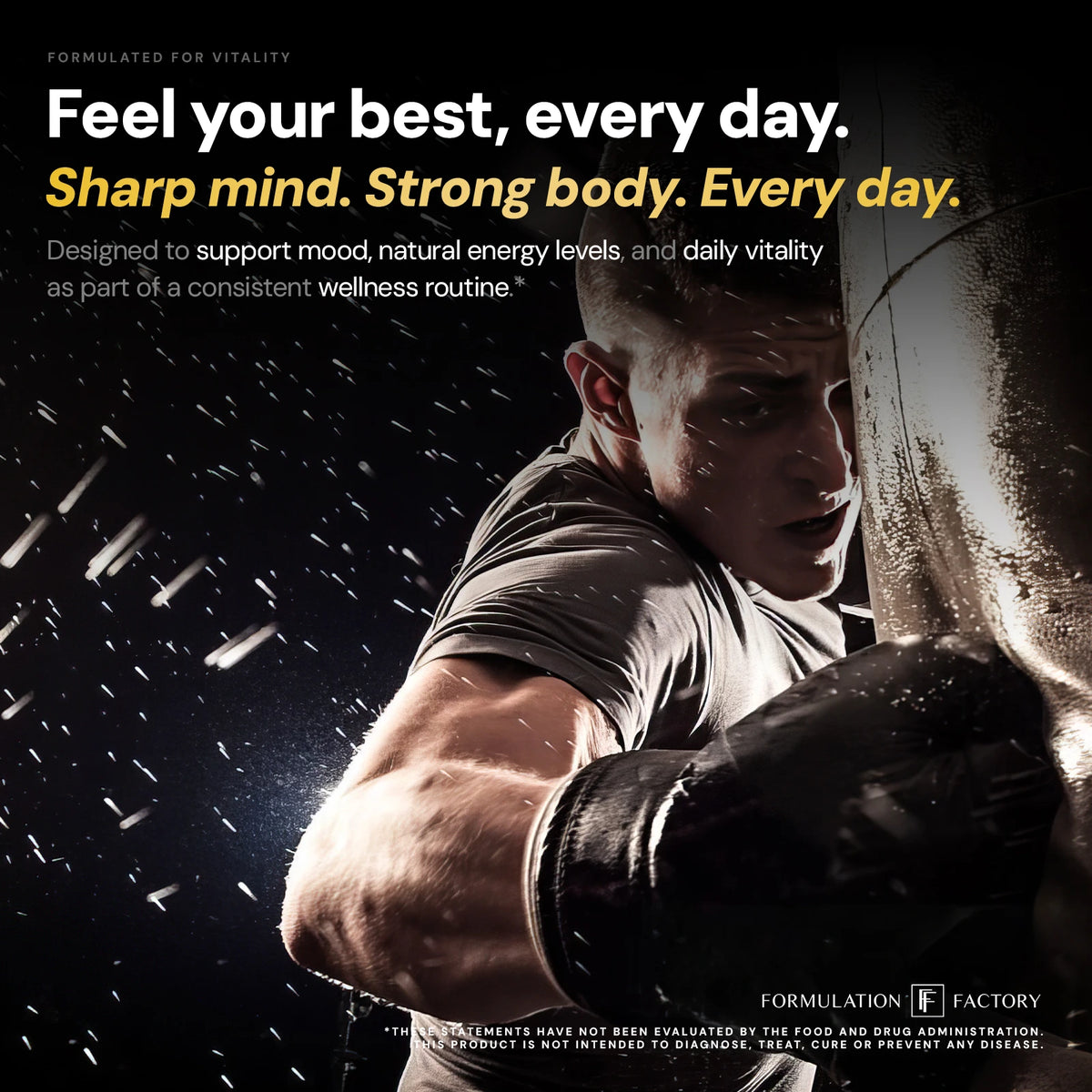 Close-up of a focused man hitting a heavy punching bag with sweat and water splashing, featuring the text "Feel your best, every day. Sharp mind. Strong body." by Self Obsessed.