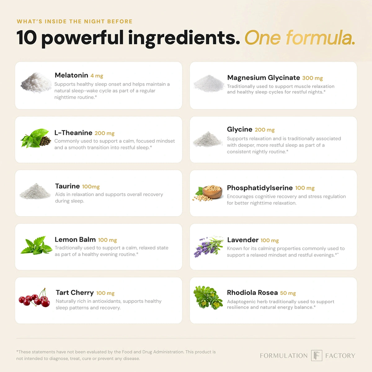 Graphic overview of the 10 relaxation ingredients in The Night Before formula, including Melatonin, Magnesium Glycinate, L-Theanine, Glycine, Taurine, Phosphatidylserine, Lemon Balm, Lavender, Tart Cherry, and Rhodiola Rosea with milligram dosages.