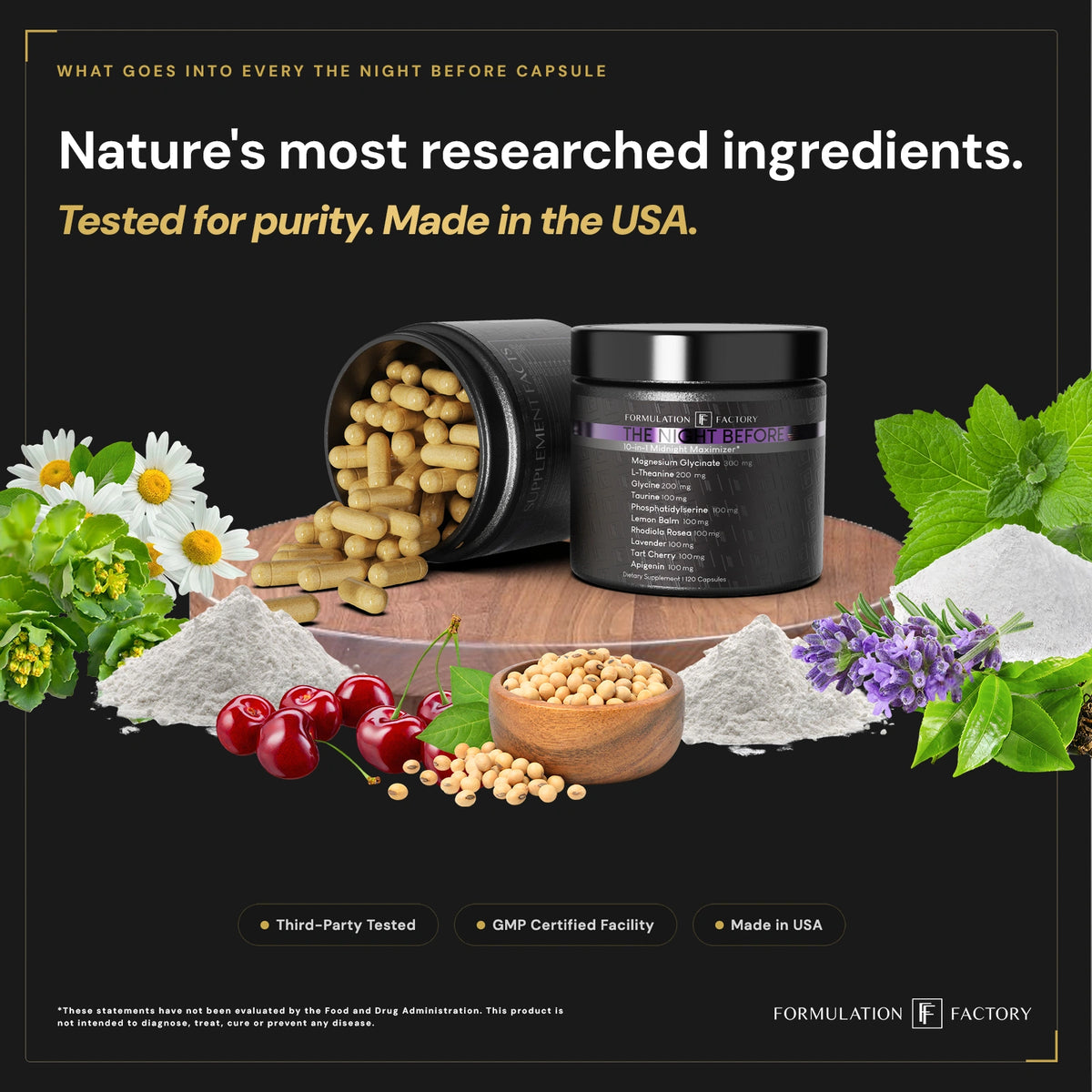 An open jar spilling out capsules of The Night Before alongside raw powders and fresh sleep-support botanicals like lavender, chamomile, cherries, and mint leaves, highlighting USA manufacturing.