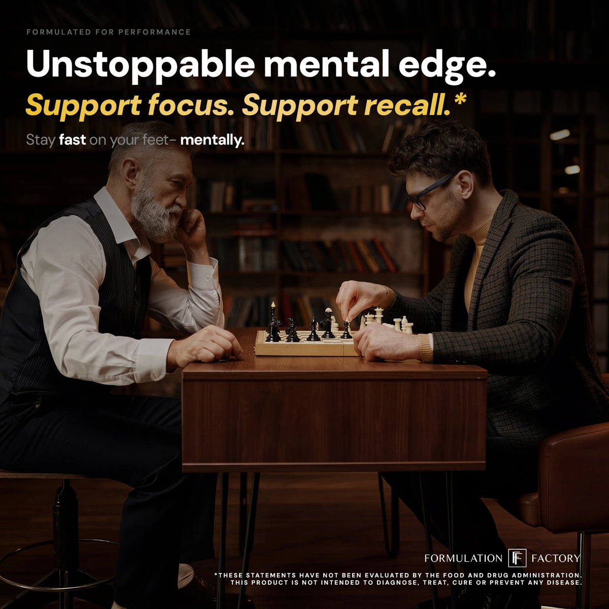 An older bearded man and a younger man in a suit wearing glasses play a strategic game of chess at a wooden table, beneath the headline "Unstoppable mental edge. Support focus. Support recall."