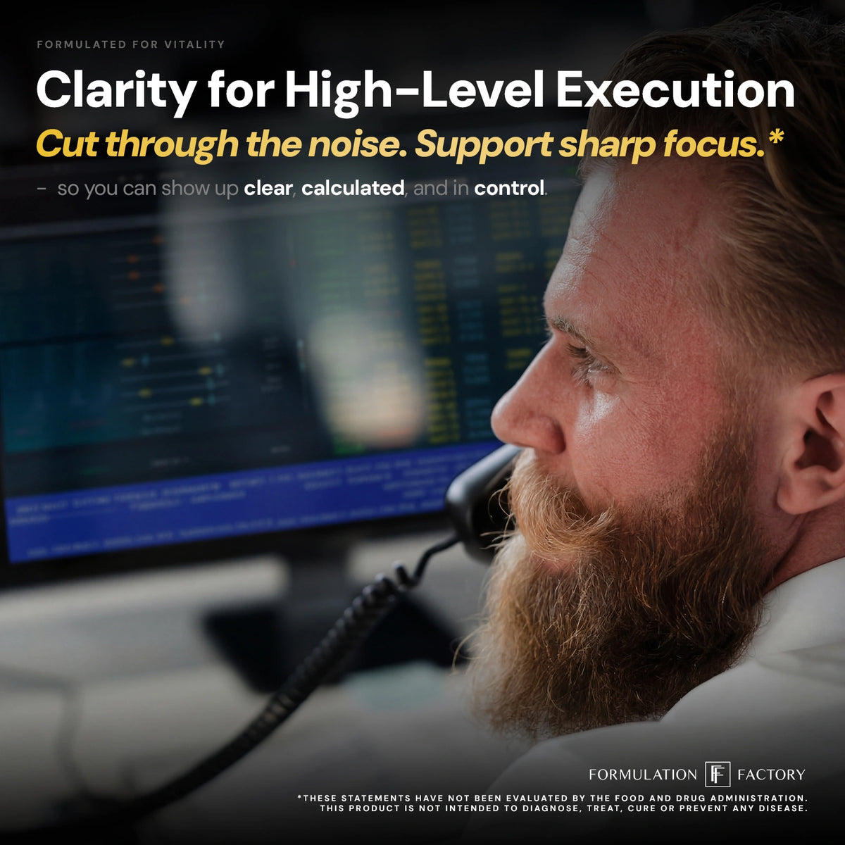 A close-up side profile of a man with a beard on a telephone call looking at a computer monitor displaying dark analytical data screens, under the title "Clarity for High-Level Execution."