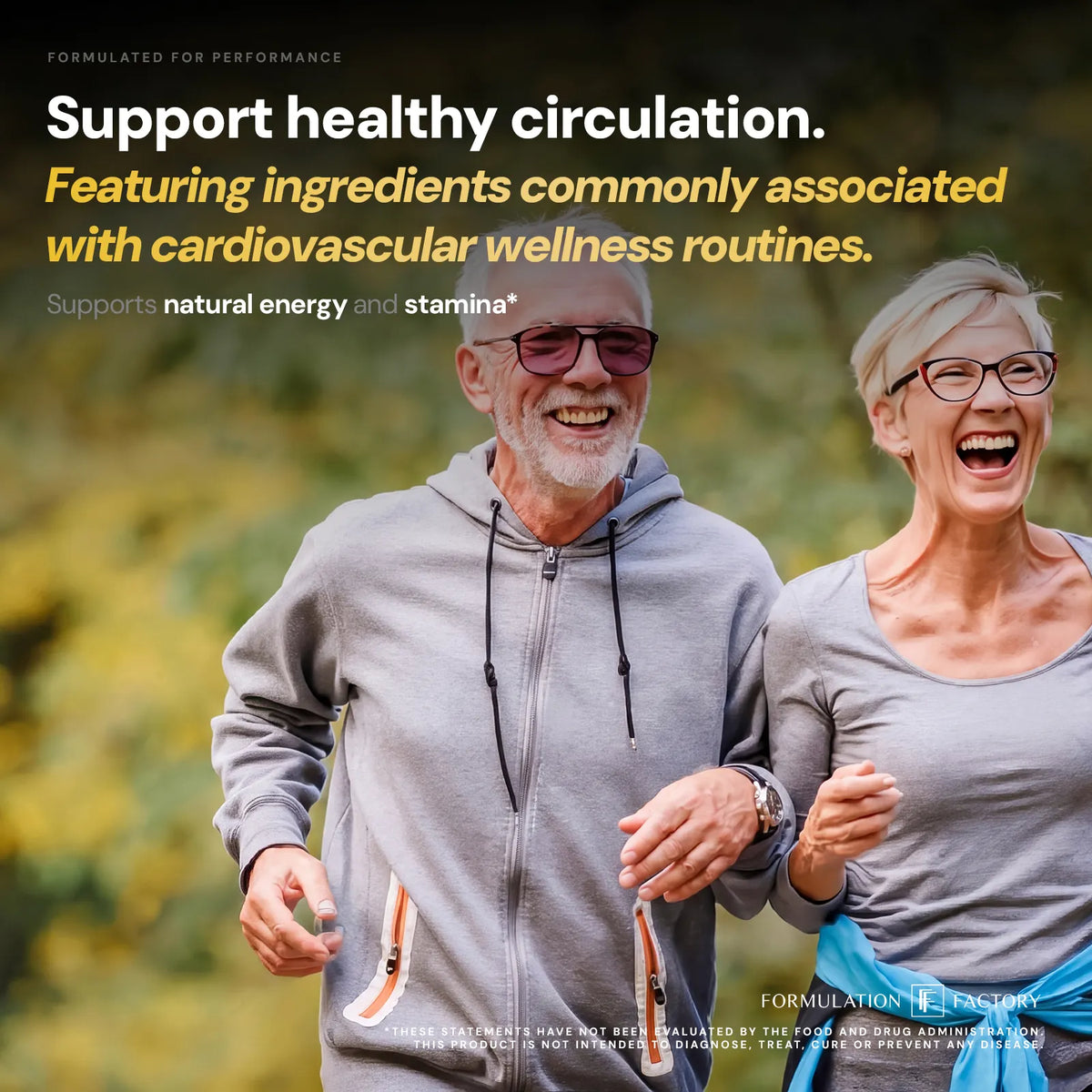 An active, smiling senior couple jogging together outdoors, featuring the headline "Support healthy circulation" for Formulation Factory's Heart of Steel supplement.