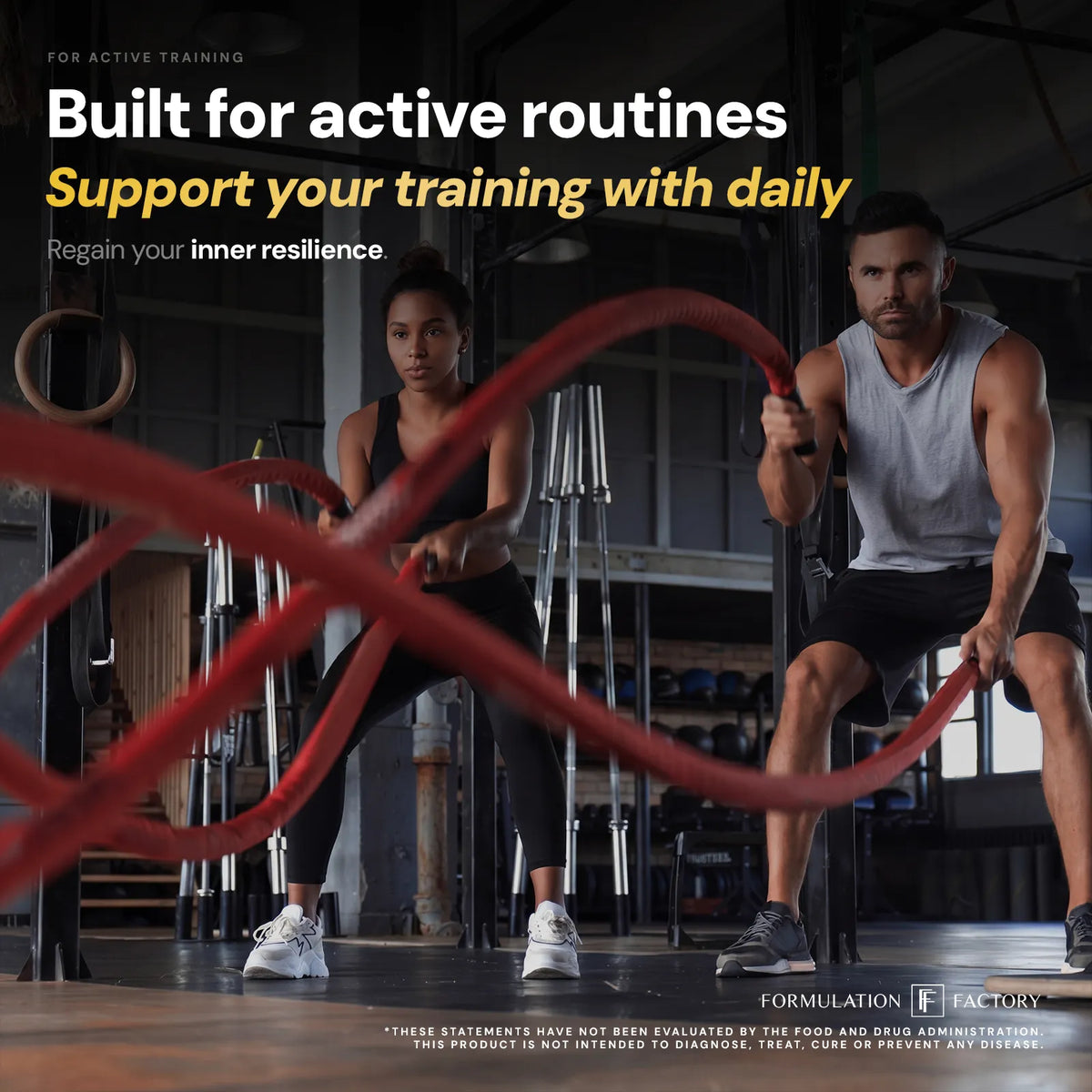 A man and a woman performing intense functional training with battle ropes in a gym under the headline "Built for active routines" by Formulation Factory.