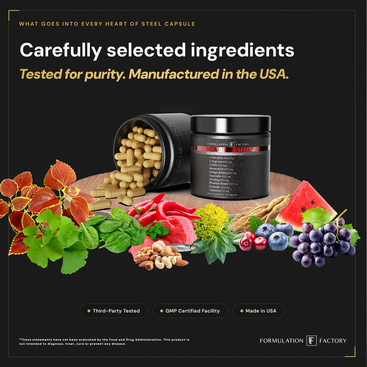 Two Heart of Steel supplement jars on a wooden plate surrounded by fresh natural ingredients like watermelon, blueberries, grapes, spinach, nuts, red peppers, and herbs.
