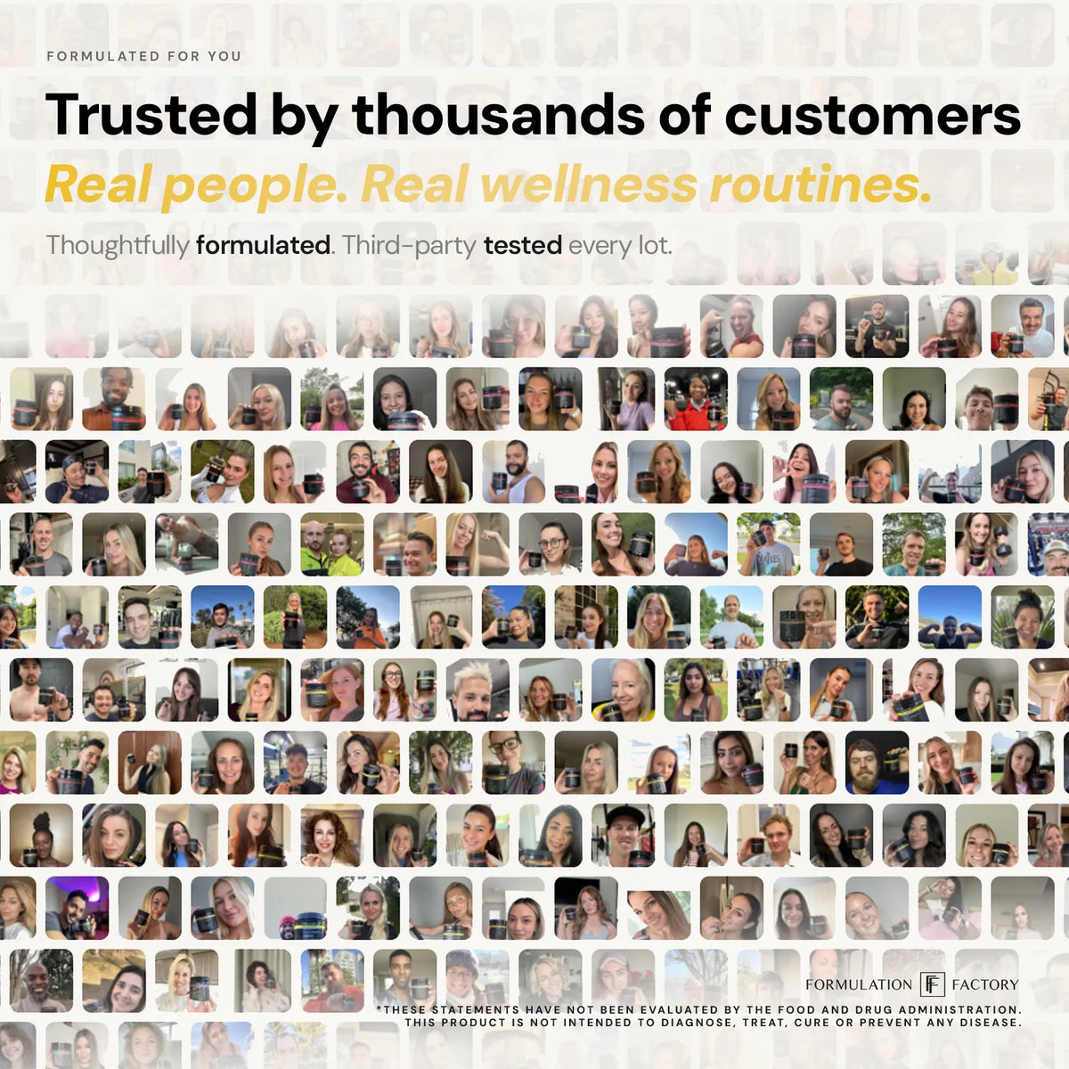 A collage of dozens of real customer selfies holding the Heart of Steel supplement bottle under the headline "Trusted by thousands of customers. Real people. Real wellness routines."