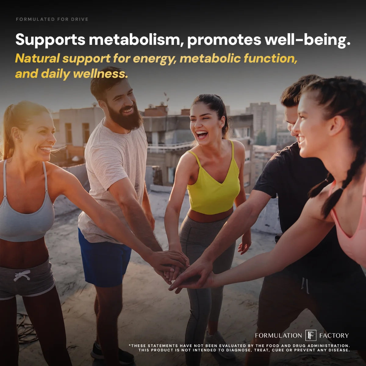 A diverse group of active friends smiling and putting their hands together in a huddle on a city rooftop, featuring the text "Supports metabolism, promotes well-being" for Melt Mode daily wellness support.