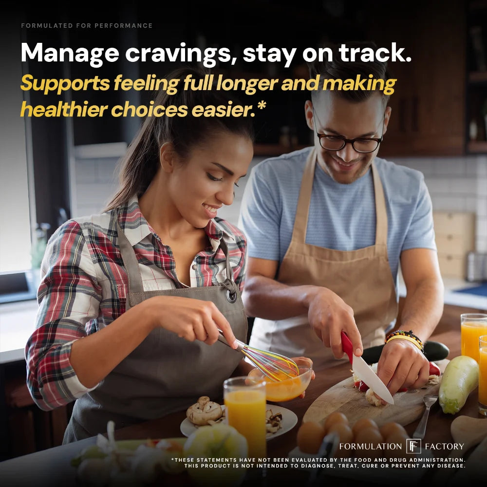 A smiling man and woman wearing aprons cooking a healthy meal together in a kitchen, under the headline "Manage cravings, stay on track. Supports feeling full longer and making healthier choices easier."