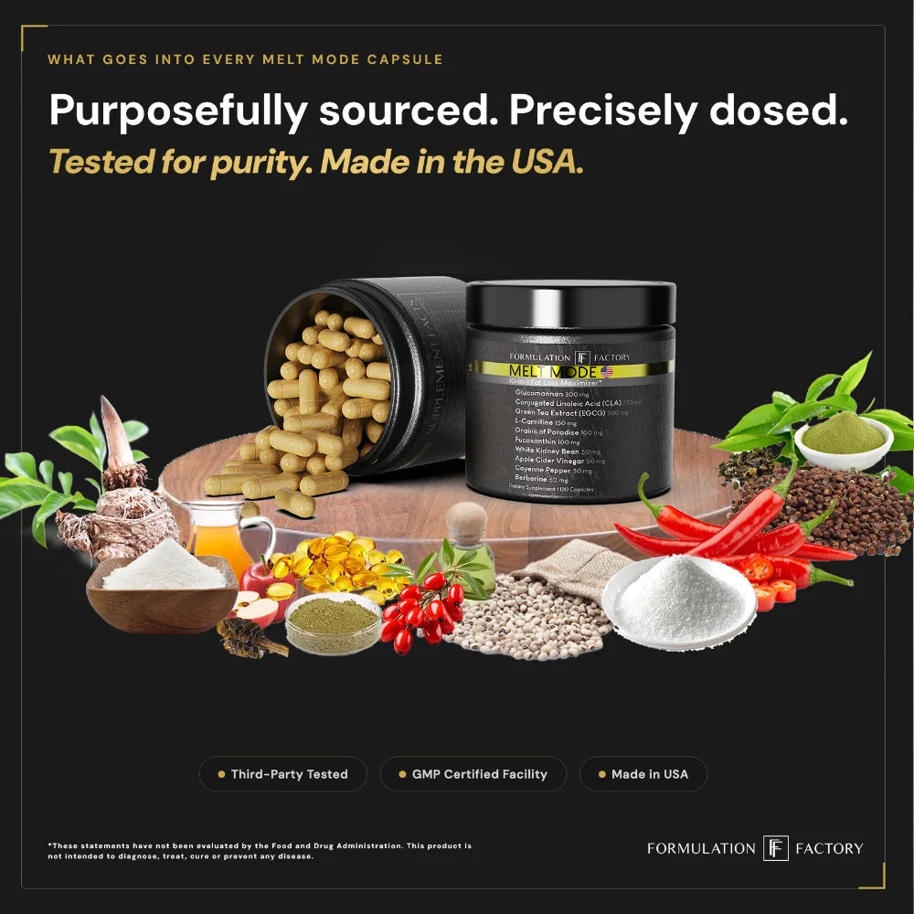 Two supplement jars of Melt Mode displayed on a wooden plate surrounded by raw natural ingredients like red cayenne peppers, apple cider vinegar, white kidney beans, and berberine berries, highlighting purity testing.