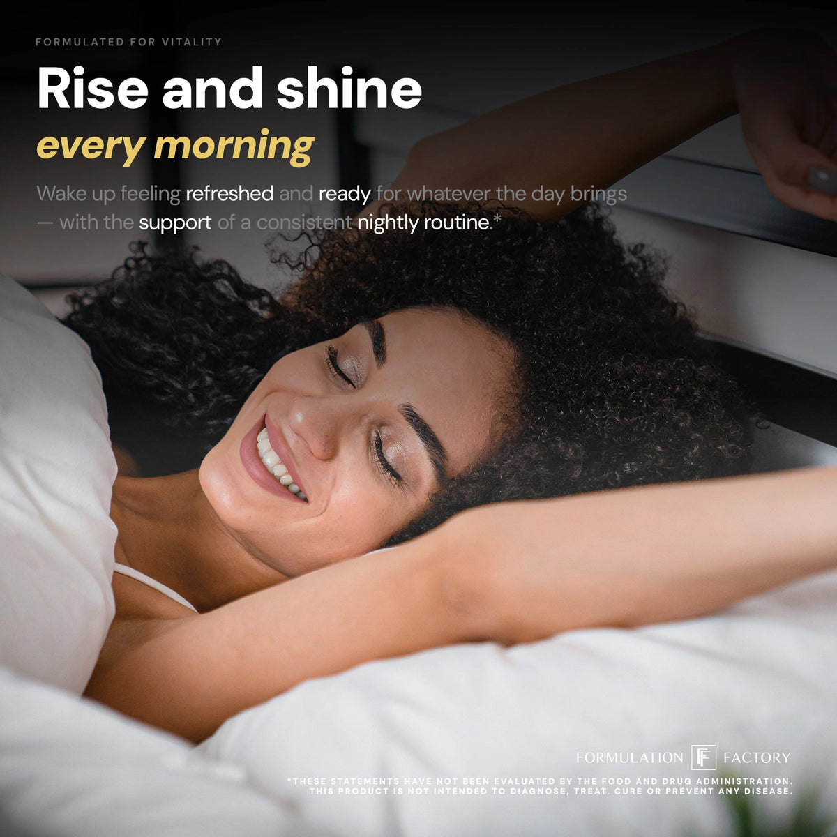 A smiling woman with curly hair stretching happily in bed as she wakes up in the morning, under the text "Rise and shine every morning—wake up feeling refreshed and ready with a consistent nightly routine."