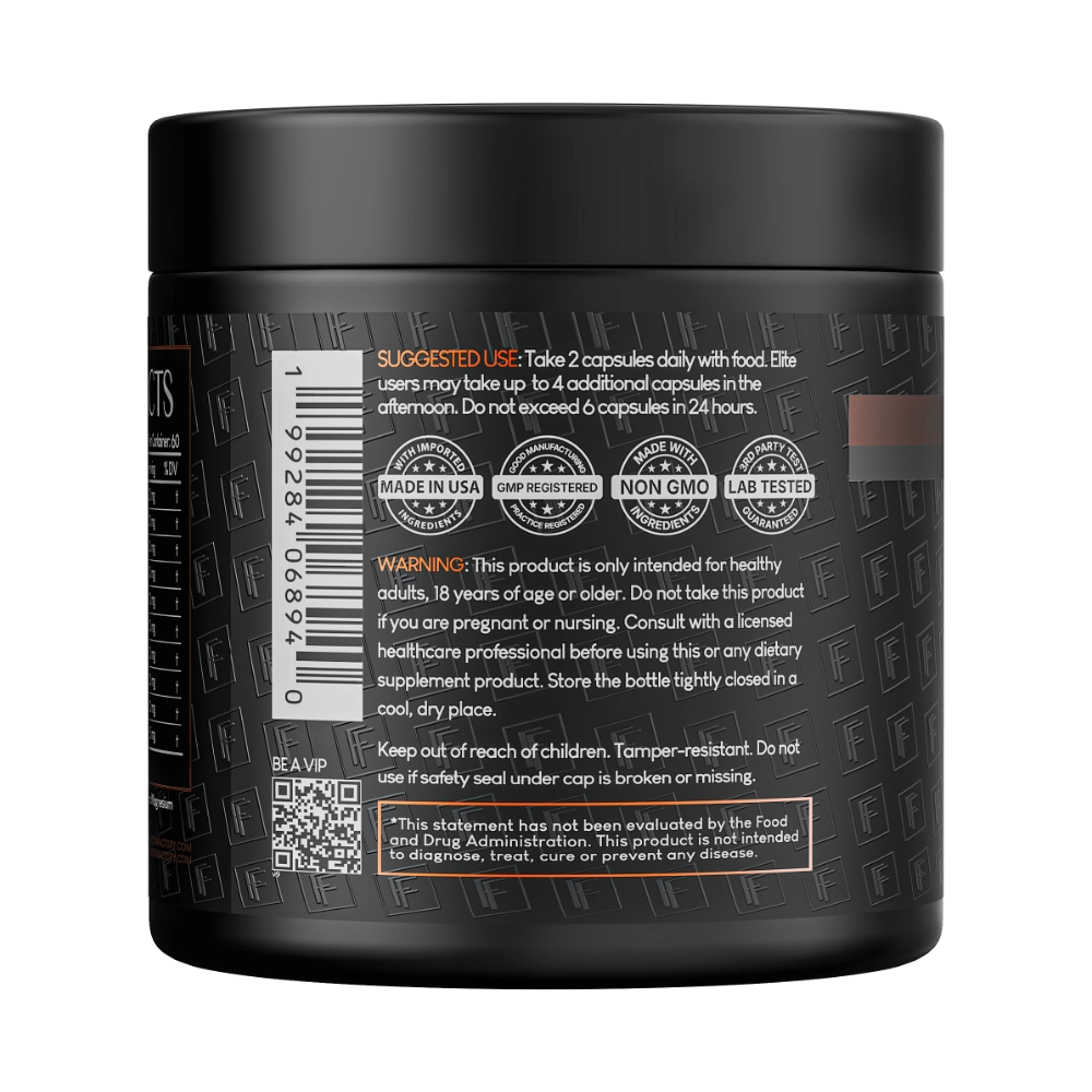 Back label view of Formulation Factory Boss Mode supplement jar detailing a suggested use of 2 capsules daily with food, product warnings, a barcode, a VIP QR code, and quality check badges.