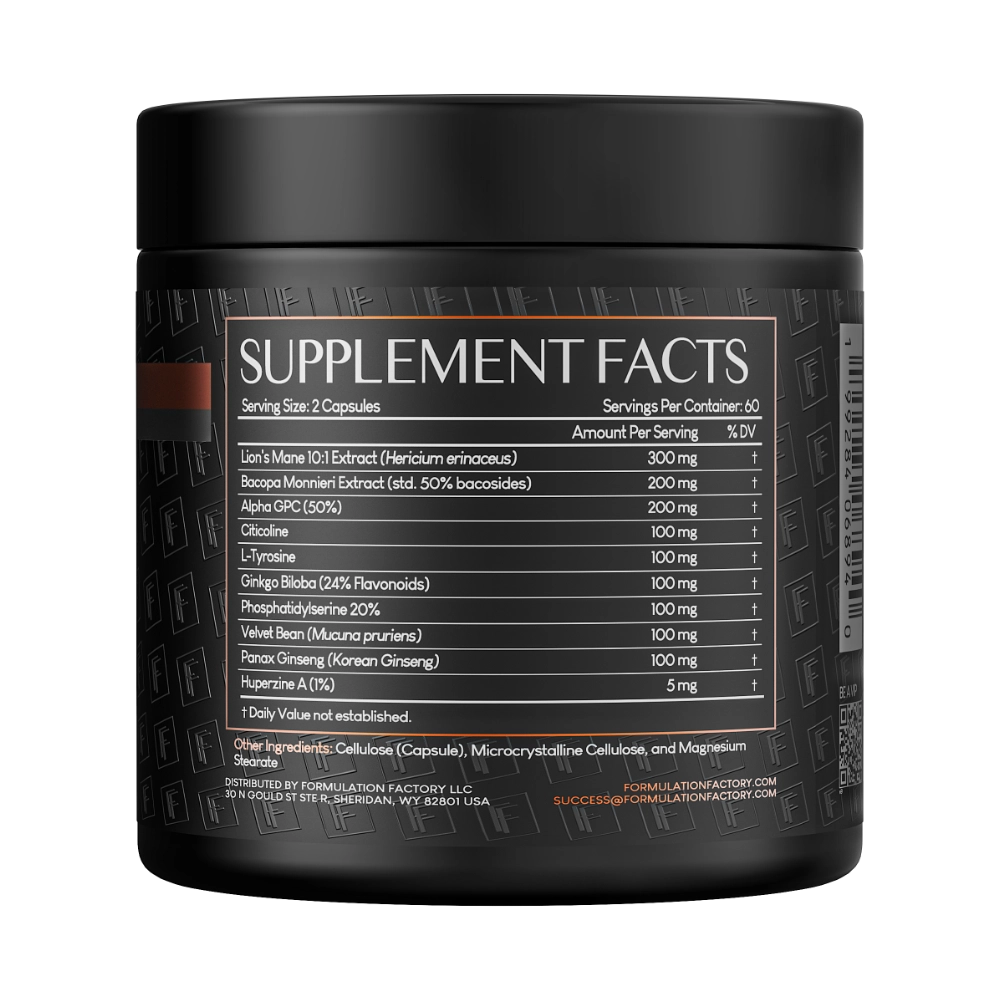 Supplement Facts nutritional panel on a matte black jar of Formulation Factory Boss Mode, showing a serving size of 2 capsules with exact ingredient dosages for Lion's Mane, Bacopa Monnieri, and Alpha GPC.