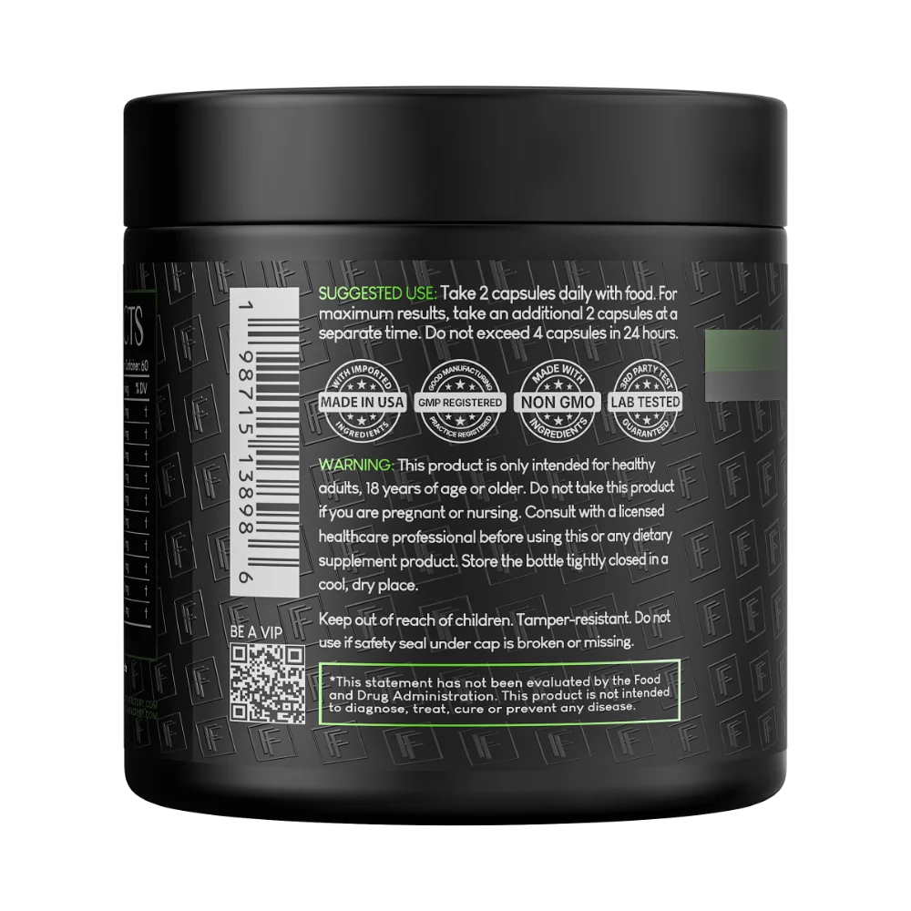 Back label view of Formulation Factory Crown of Glory supplement jar showing suggested use of 2 capsules daily with food, product warnings, barcode, and certification badges including Made in USA and GMP Registered.