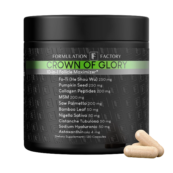 Studio front view of Formulation Factory Crown of Glory 10-in-1 Follicle Maximizer matte black supplement jar, displaying hair vitality ingredients like 250mg Fo-Ti, 250mg Pumpkin Seed, and raw herbal capsules.