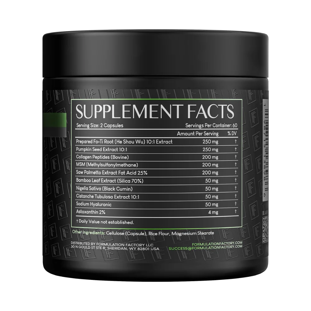 Supplement Facts nutritional label on the back of Formulation Factory Crown of Glory jar, showing a serving size of 2 capsules with ingredient dosages for Fo-Ti Root, Pumpkin Seed, and Collagen Peptides.