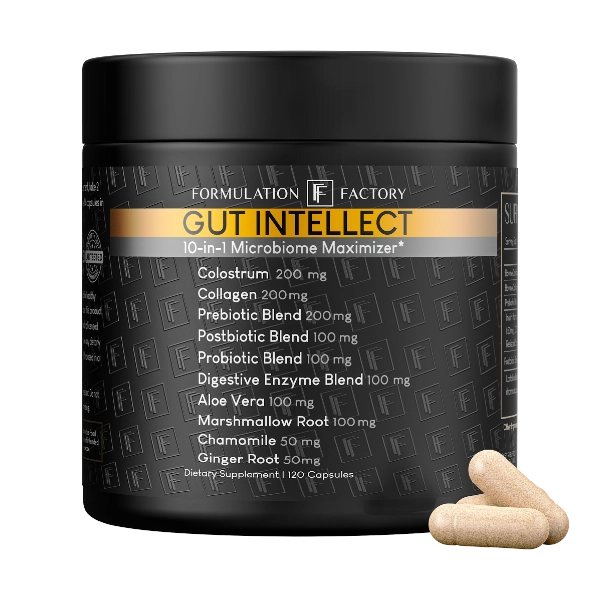 Studio front view of Formulation Factory Gut Intellect 10-in-1 Microbiome Maximizer matte black supplement jar, showcasing digestive health components like 200mg Colostrum and 200mg Collagen with three capsules.