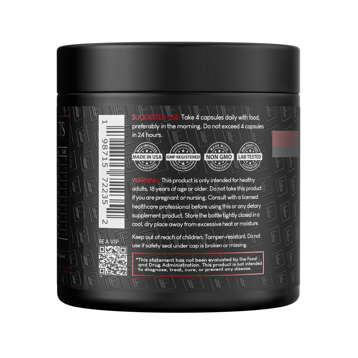 Back label view of Formulation Factory Heart of Steel supplement jar showing suggested use of 4 capsules daily, warning text, a product barcode, QR code, and quality badges including Made in USA, GMP Registered, Non-GMO, and Lab Tested.