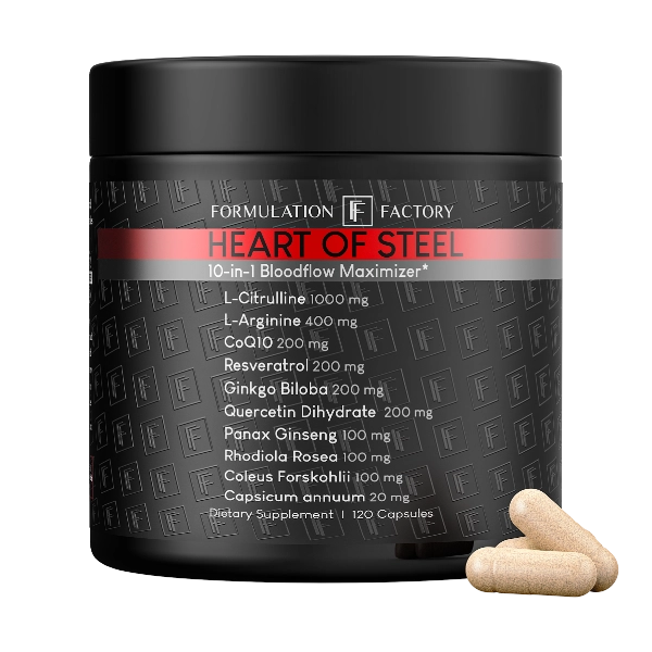 Studio front view of Formulation Factory Heart of Steel 10-in-1 Bloodflow Maximizer matte black supplement jar, showing cardiovascular and circulation support doses like 1000mg L-Citrulline and 400mg L-Arginine.