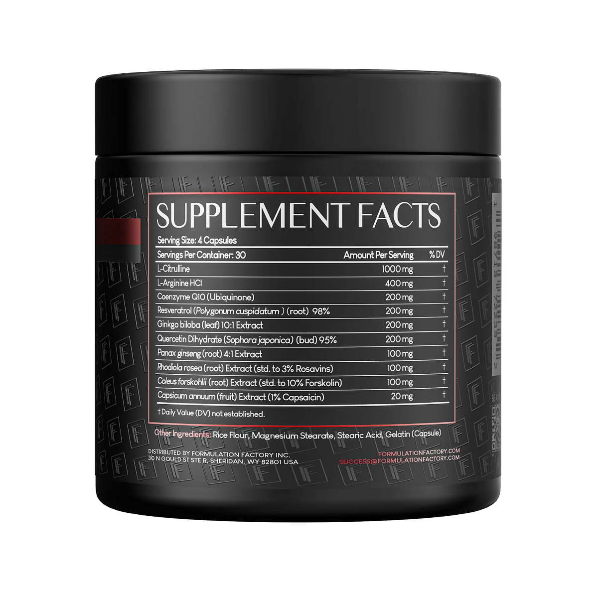 Supplement Facts Panel on the back of the Formulation Factory Heart of Steel supplement bottle, detailing a serving size of 4 capsules with exact milligram dosages for L-Citrulline, L-Arginine, CoQ10, Resveratrol, and other active botanical extracts.