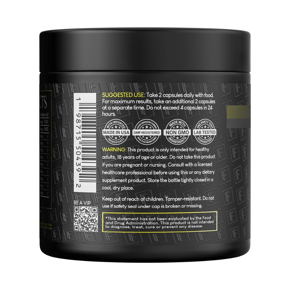 Back label view of Formulation Factory Melt Mode supplement jar detailing a suggested use of 2 capsules daily with food, product warnings, a barcode, a VIP QR code, and certification badges including Made in USA, GMP Registered, Non-GMO, and Lab Tested.