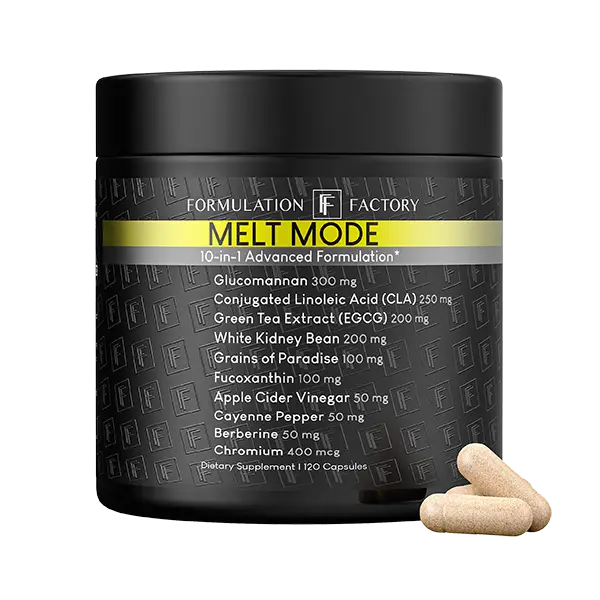 Studio front view of Formulation Factory Melt Mode 10-in-1 Advanced Formulation matte black supplement jar, displaying metabolic support ingredients like 300mg Glucomannan and 250mg CLA alongside dietary capsules.