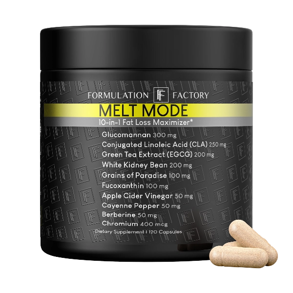 Studio front view of Formulation Factory Melt Mode 10-in-1 Fat Loss Maximizer matte black supplement jar, displaying metabolic support ingredients like 300mg Glucomannan and 250mg CLA alongside dietary capsules.