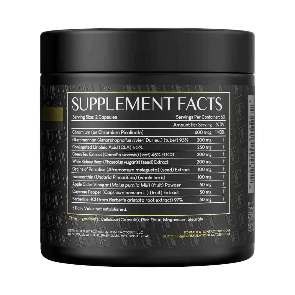 Supplement Facts nutritional panel on a matte black jar of Formulation Factory Melt Mode, showing a serving size of 2 capsules with exact ingredient dosages for Chromium Picolinate, Glucomannan, CLA, and Green Tea Extract.