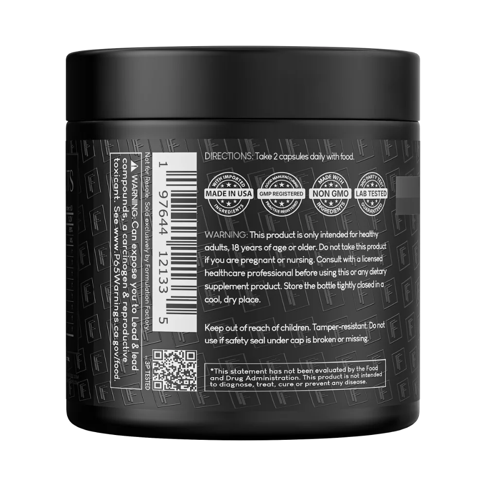 Back label view of Formulation Factory Self Obsessed supplement jar detailing a suggested use of 2 capsules daily with food, safety warning text, a product barcode, and California Proposition 65 warning details.
