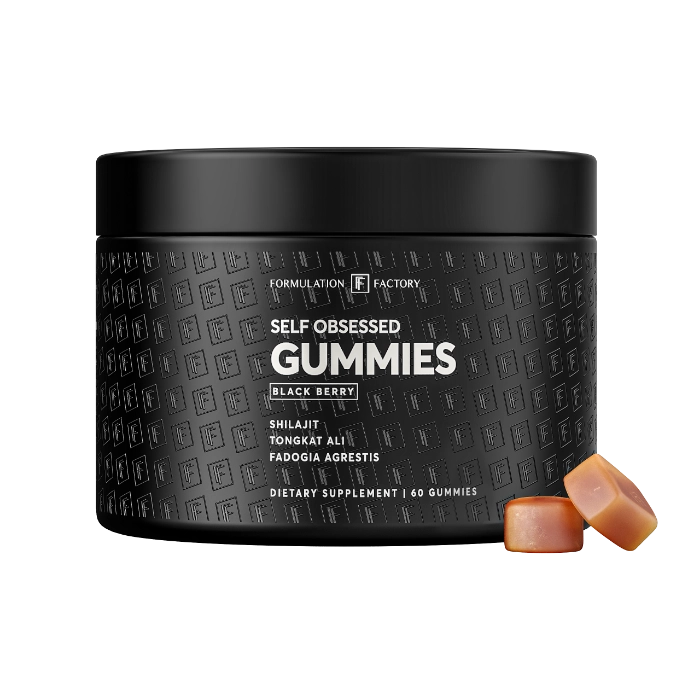 Studio front view of Formulation Factory Self Obsessed Gummies wide matte black jar in Blackberry flavor, highlighting a performance blend of Shilajit, Tongkat Ali, and Fadogia Agrestis with two square gummy candies.