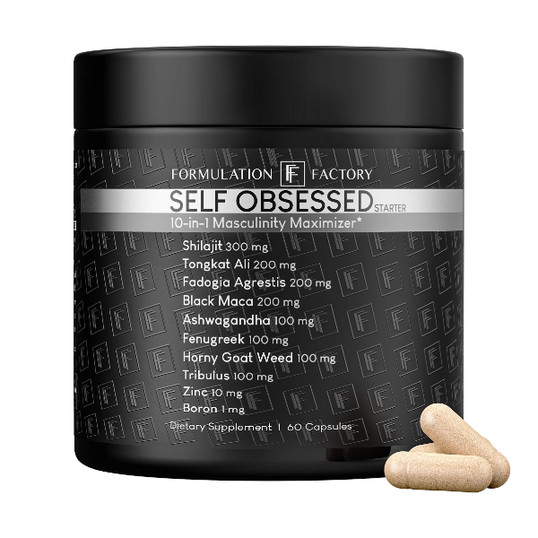 Studio front view of Formulation Factory Self Obsessed Starter 10-in-1 Masculinity Maximizer matte black supplement jar containing 60 capsules, featuring core formula ingredients like 300mg Shilajit and 200mg Tongkat Ali with loose capsules.