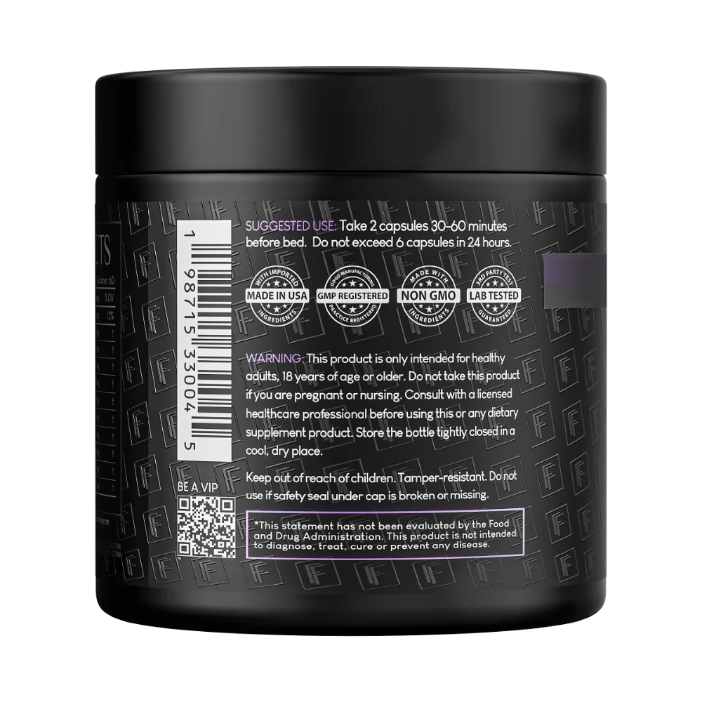 Back label view of Formulation Factory The Night Before supplement jar detailing a suggested use of 2 capsules before bed, product warnings, a barcode, a VIP QR code, and quality badges for Made in USA, GMP Registered, Non-GMO, and Lab Tested.
