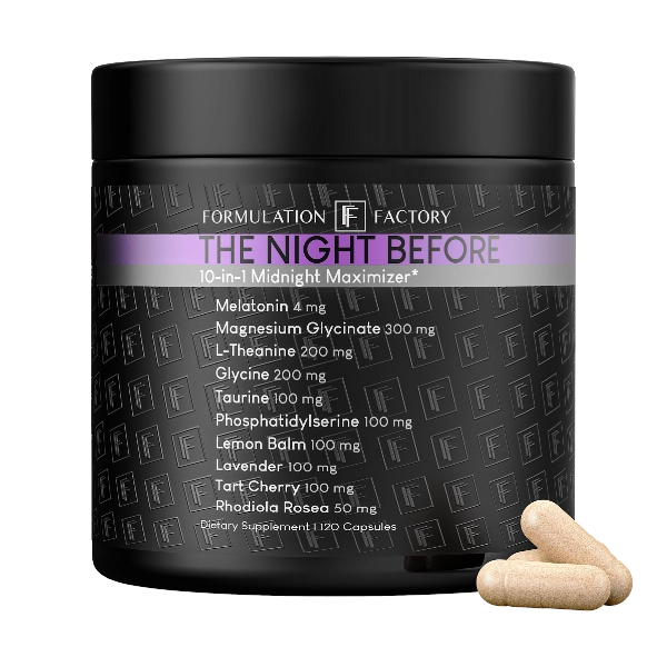 Studio front view of Formulation Factory The Night Before 10-in-1 Midnight Maximizer matte black supplement jar, showcasing sleep support dosages like 4mg Melatonin, 300mg Magnesium Glycinate, and 200mg L-Theanine with three loose capsules.