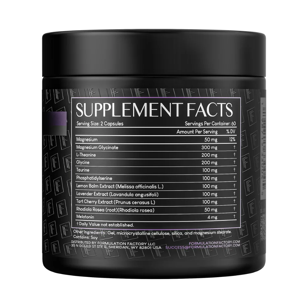 Supplement Facts nutritional panel on a matte black jar of Formulation Factory The Night Before, showing a serving size of 2 capsules with exact ingredient dosages for Magnesium Glycinate, L-Theanine, Glycine, and Melatonin.